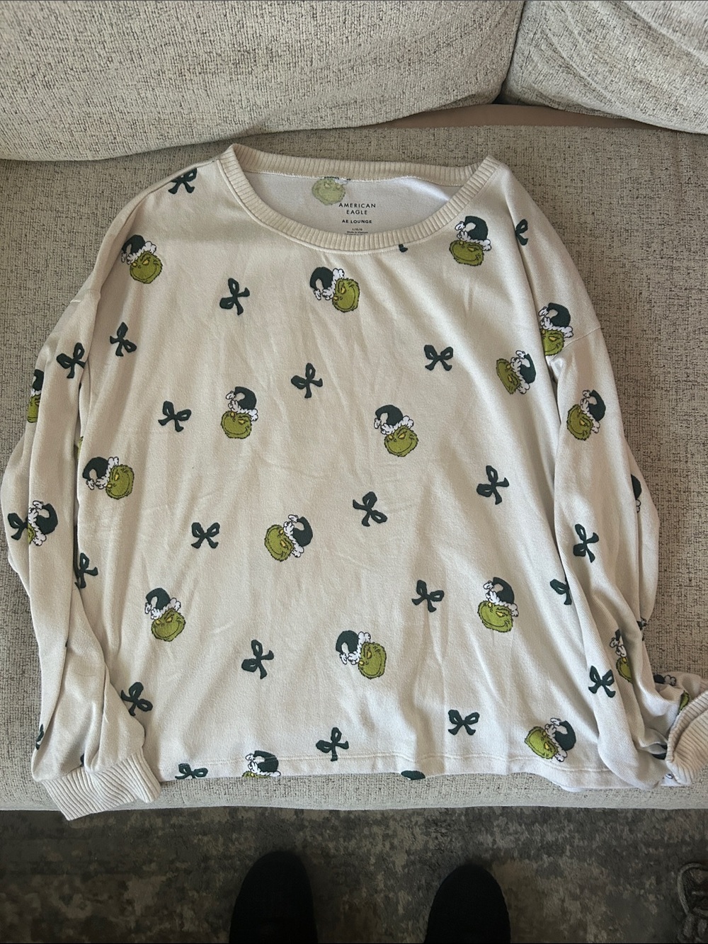 American Eagle Outfitters Cream Long-Sleeve Pullover with Green Character Print